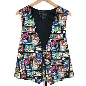 VTG NICOLE MILLER 100% Silk Comic Book Ski Vest Size XL 44" Black Multi Novelty